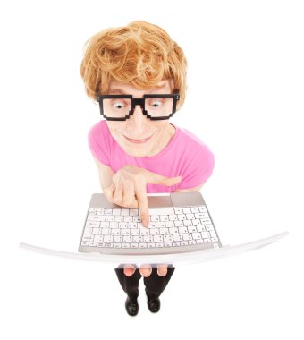 Funny nerdy guy with a laptop computer clipart