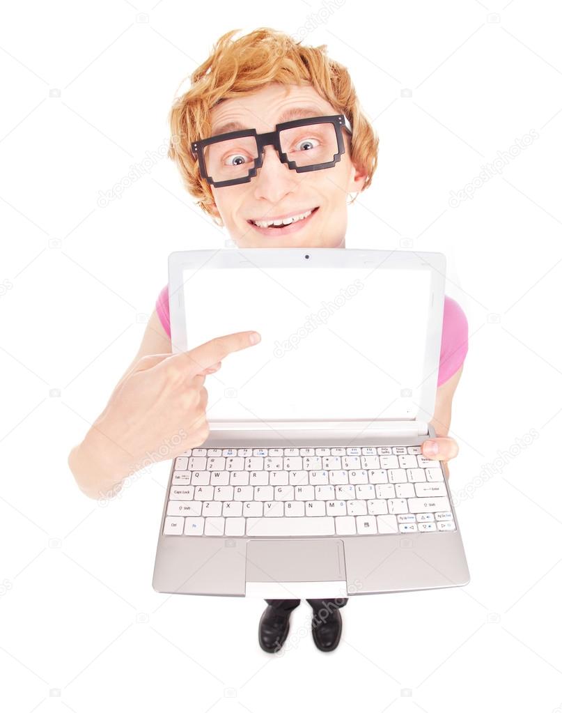 Funny nerdy guy showing laptop screen with your text