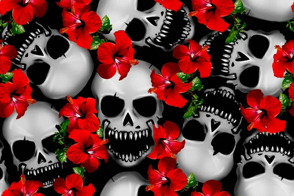 Motif Sans Couture Avec Crânes Blancs Fleurs Rouges Sur Fond — Photo