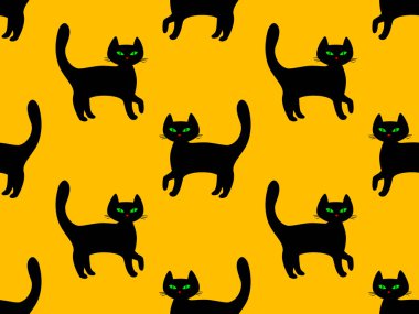 Sarı arka planda siyah kedili kusursuz desen.