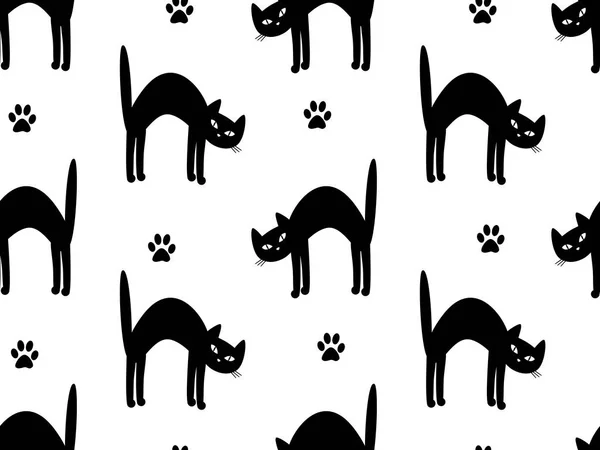 Seamless Pattern Black Cats White Background — Stock Photo, Image