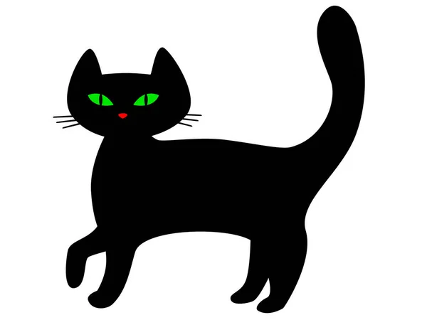 Gezeichnete Schwarze Katze Mit Grünflächen Isoliert Auf Weißem Hintergrund — Stockfoto