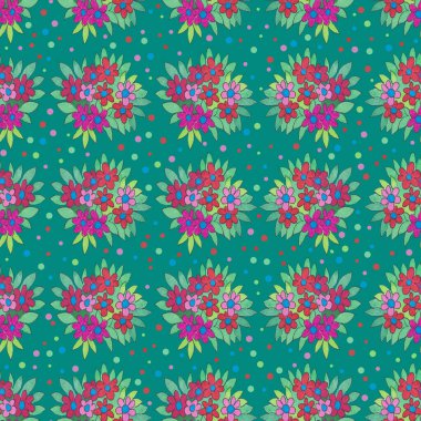 Yeşil arka planda suluboya ile boyanmış çiçek buketleriyle parlak, renksiz desenler..