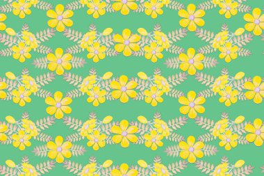 Yeşil arka planda sarı çiçekli kusursuz çiçek deseni.
