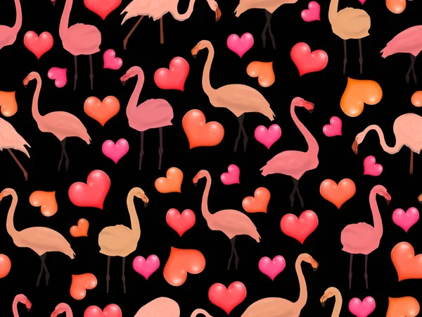 Seamless Pattern Pink Flamingos Hearts Black Background — Stock Photo, Image