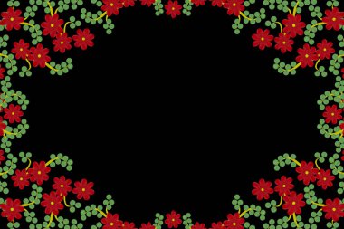 Siyah arkaplanda kırmızı boyalı suluboya çiçeklerden oluşan bir çerçeve..