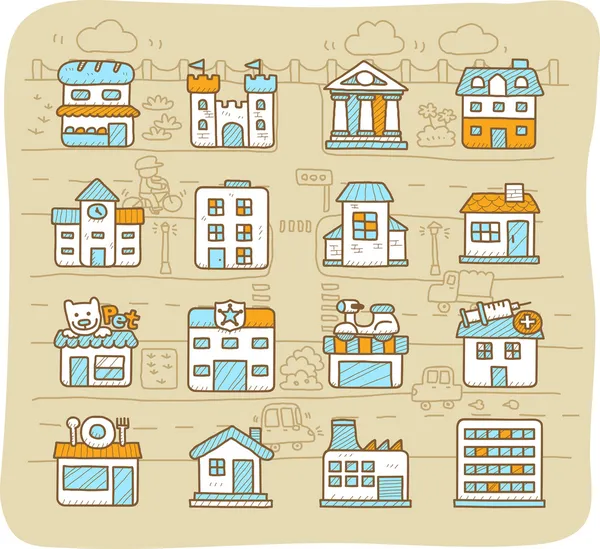 European houses, buildings,store ,travel icons, — Stock Vector