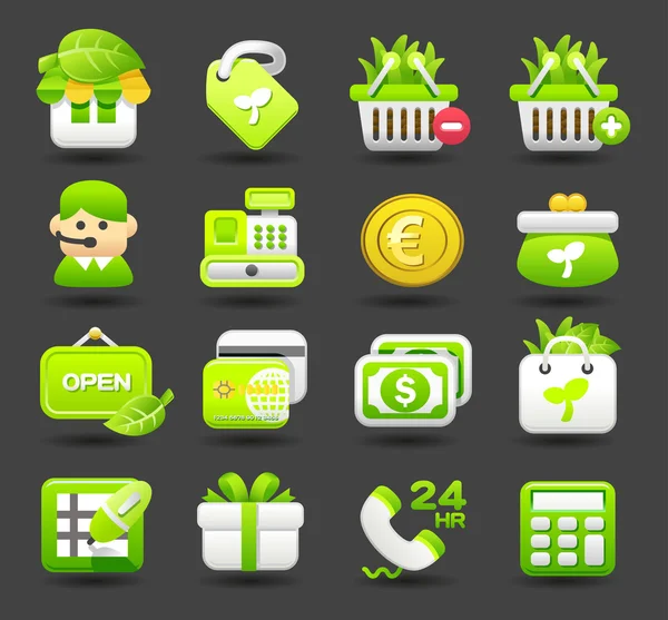 Eco, negócio, compras, conjunto de ícones de viagem — Vetor de Stock