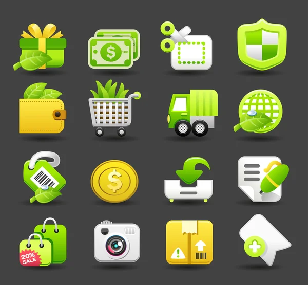 Eco, negocio, compras, conjunto de iconos de viaje — Vector de stock