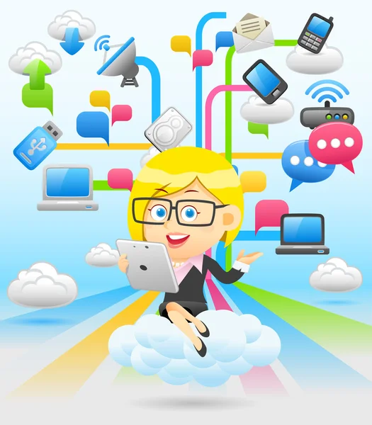 Businesswoman and cloud network — Stock Vector
