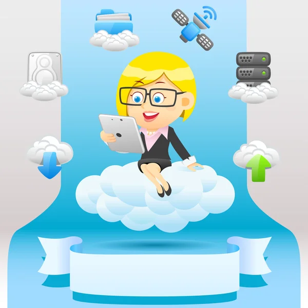 Businesswoman and cloud network — Stock Vector