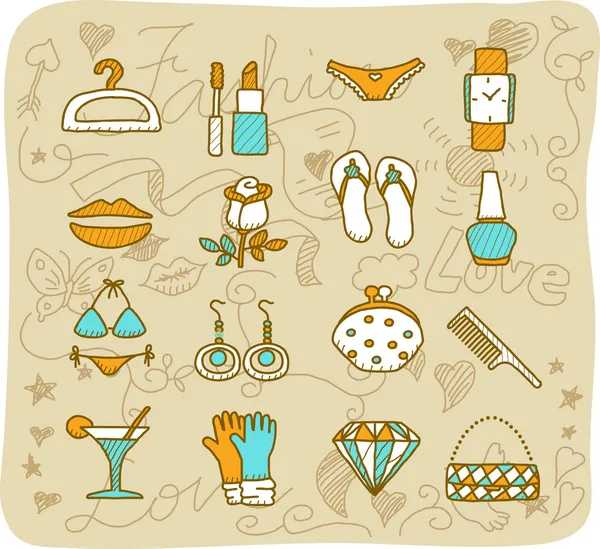 Moda, conjunto de iconos de accesorios de belleza — Vector de stock