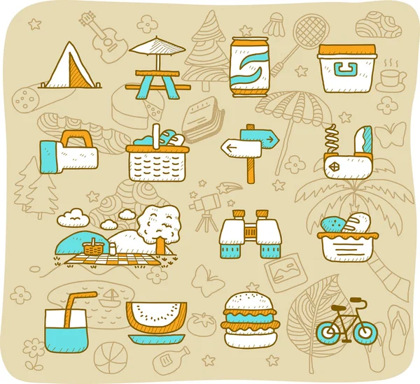 Viaje, picnic, conjunto de iconos de camping — Vector de stock