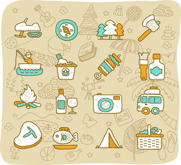 Viaje, picnic, conjunto de iconos de camping — Vector de stock