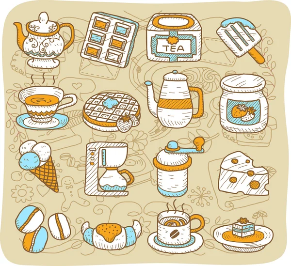 Thee tijd, koffie, snack, t ea pictogrammenset — Stockvector