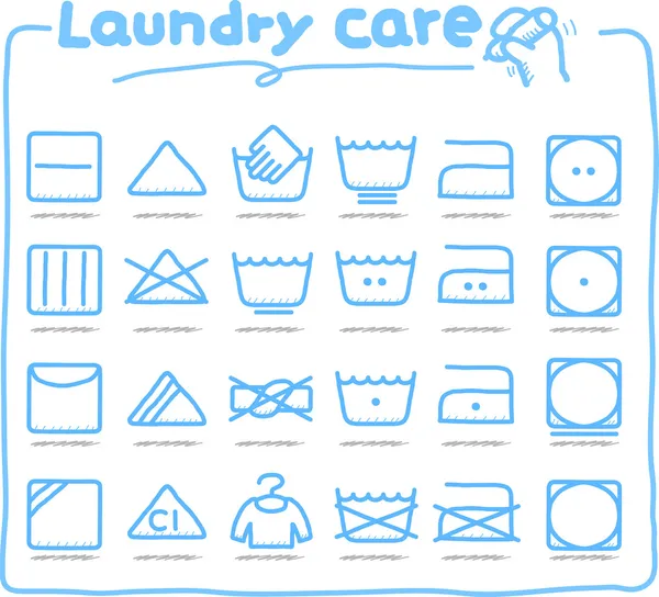 Handgezeichnete Wäschepflege, Waschsymbole — Stockvektor