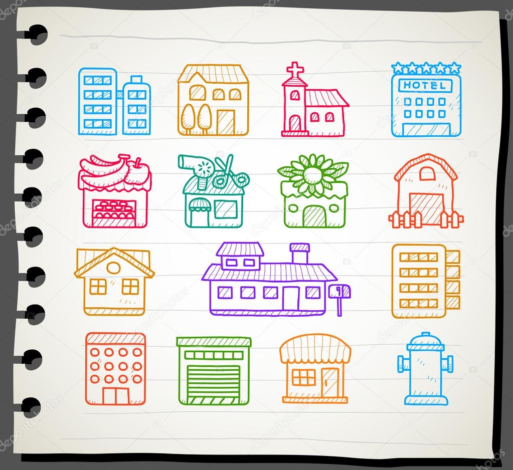 Hand drawn houses, buildings,store ,travel icons,