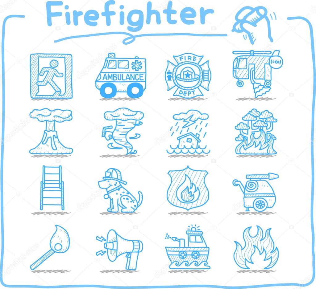 Hand drawn firefighter,fireman ,emergency icon set