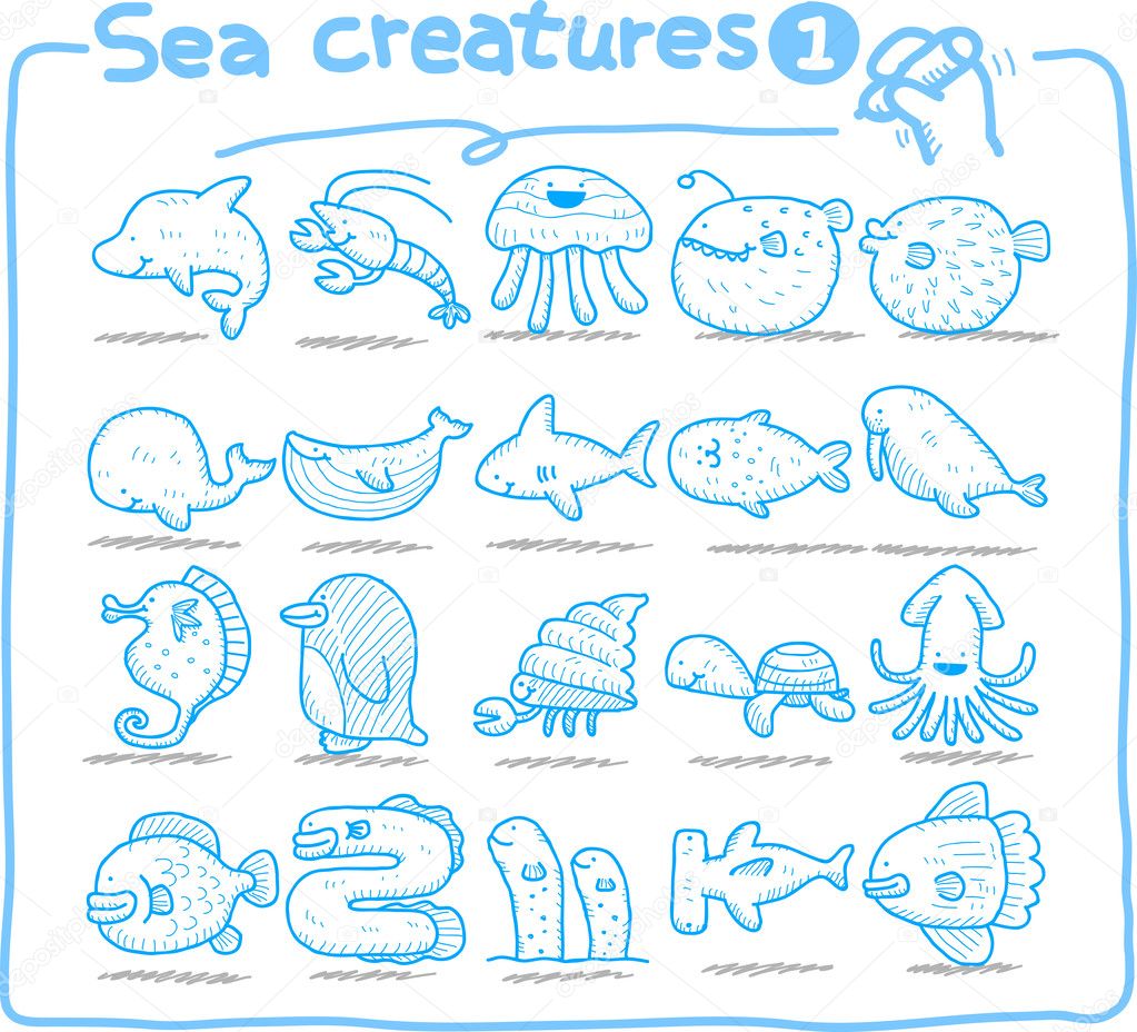 Hand drawn sea creatures icon set