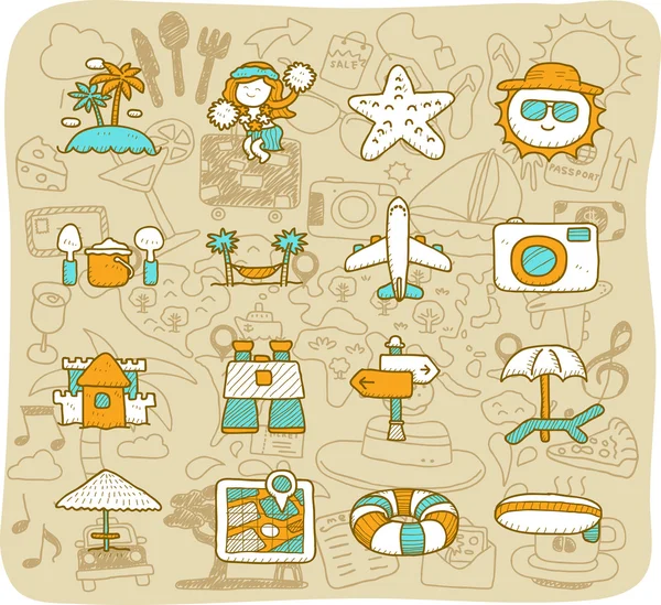 Viaje, conjunto de iconos de playa — Vector de stock