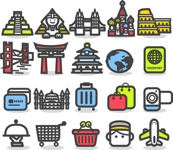 Viagens, marcos, tr ip, conjunto de ícones de viagens de negócios — Vetor de Stock