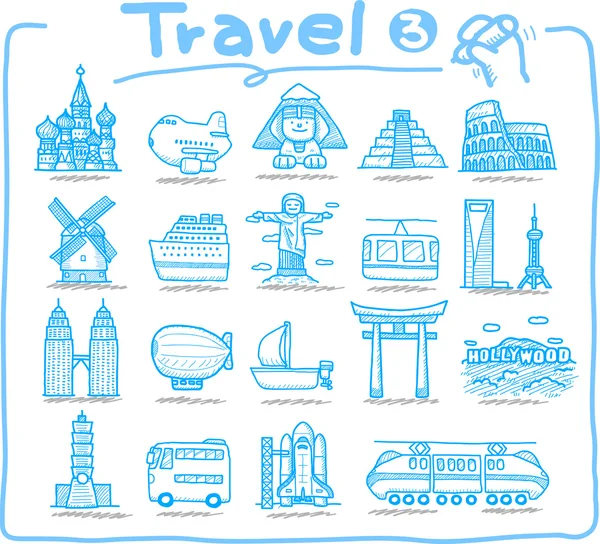 Viaje, hito, conjunto de iconos de transporte — Vector de stock