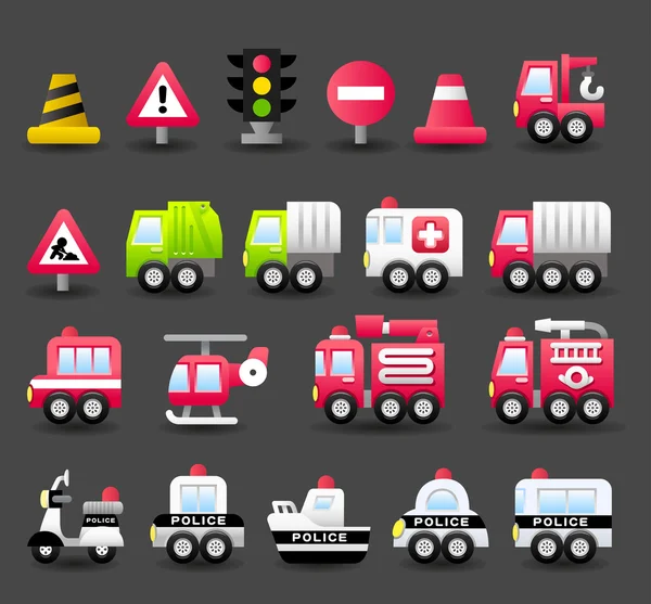 Voiture, véhicule, transport, jeu d'icônes d'urgence — Image vectorielle