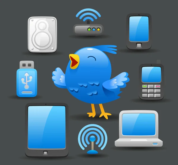 Pássaro azul com dispositivo de computação — Vetor de Stock