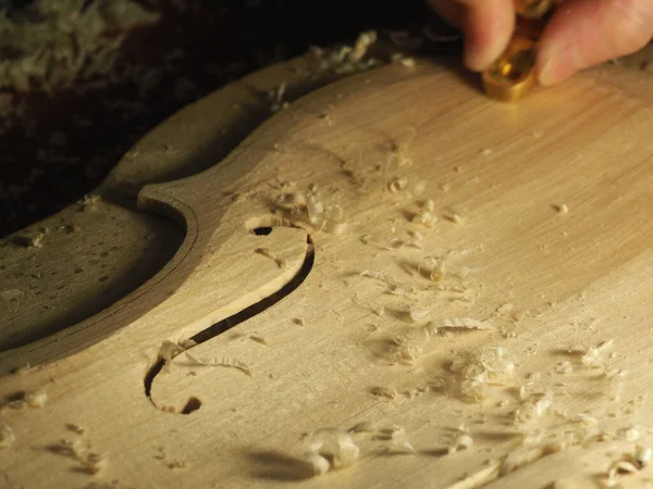 Luthier çiğ ahşap keman plakası üzerinde çalışıyor.