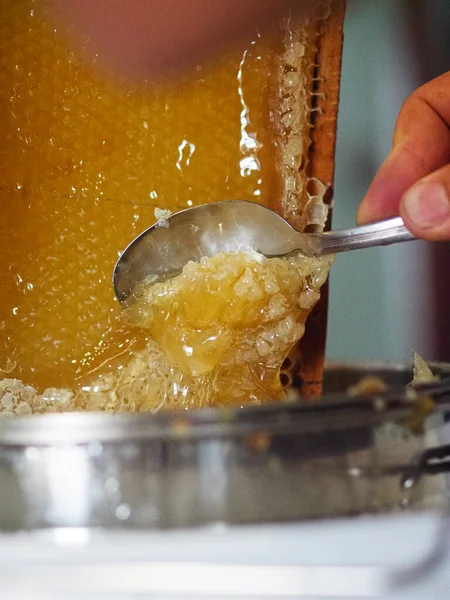 Doğal Çiğ Bal Arılarımızı Filtrelemek Için Süzgeçten Damlayan Bir Reklam Stok Resim