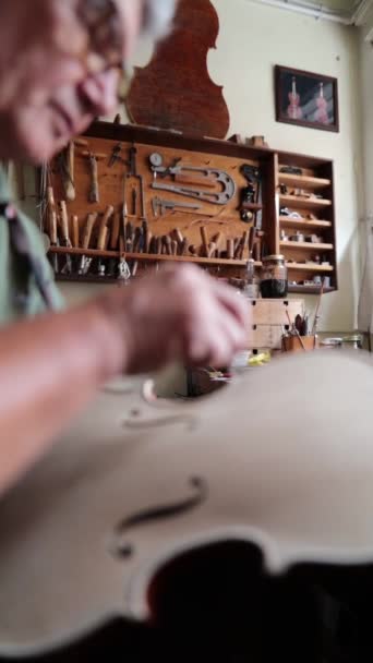 Geigenbauer Bei Der Arbeit Seiner Italienischen Werkstatt — Stockvideo