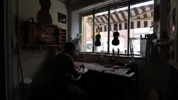 Violoniste Travail Dans Son Atelier Italien — Video