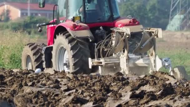 Відео Червоного Трактора Орає Землю Сільській Місцевості — стокове відео