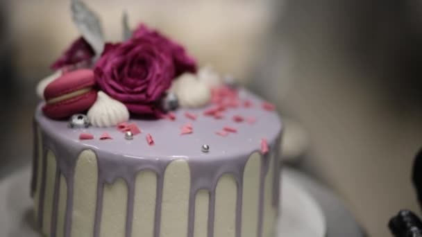 シェフはお祝いのケーキにマカロンと花と文字のサインを使い — ストック動画