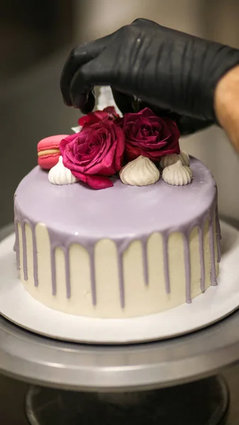 Chef Kok Usign Macaron Bloemen Tekst Teken Voor Een Feest — Stockfoto