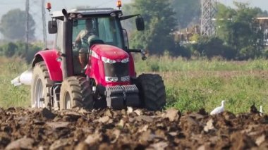 Kırsal kesimdeki araziyi tarayan kırmızı traktörün 4k videosu..