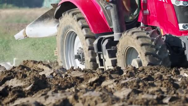 Videó Piros Traktor Szántás Föld Vidéken — Stock videók