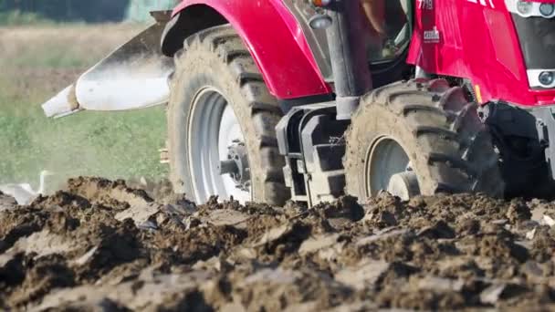 Video Del Tractor Rojo Arando Tierra Campo — Vídeo de stock