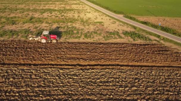 Video Red Tractor Plowing Land Countryside — Stock Video