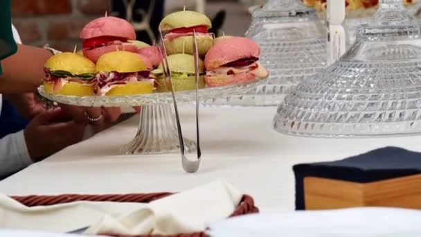 Smakelijke Snacks Sandwiches Voor Een Feest Bruiloft — Stockvideo