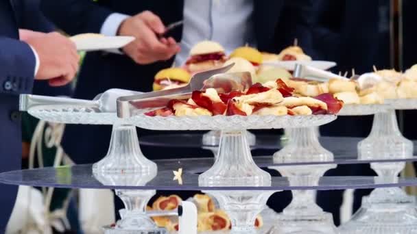 パーティーの結婚式のお祝いのためのおいしいスナックとサンドイッチ — ストック動画