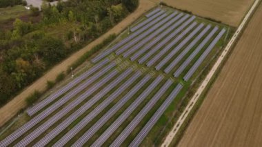 Tarım çiftliğindeki güneş panelleri temiz elektrik enerjisi yaratmak için güneş ışığıyla aydınlatılıyor.