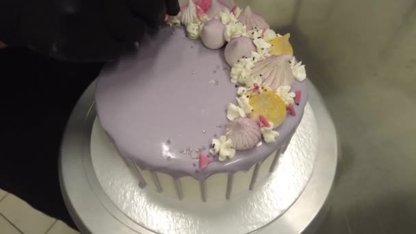Diseñador Torta Coronando Pastel Lila — Vídeo de stock