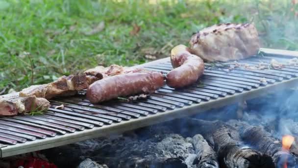 Grillowanie Mięsa Świeżym Powietrzu Koncepcji Letniej — Wideo stockowe