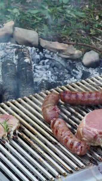 Grillning Kött Utomhus Sommaren Koncept — Stockvideo