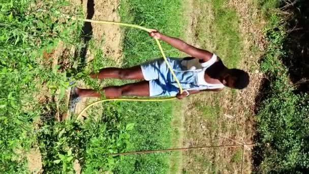 Mujer Negra Regando Cuidando Las Verduras Granja Vistiendo Calabozos Mezclilla — Vídeos de Stock