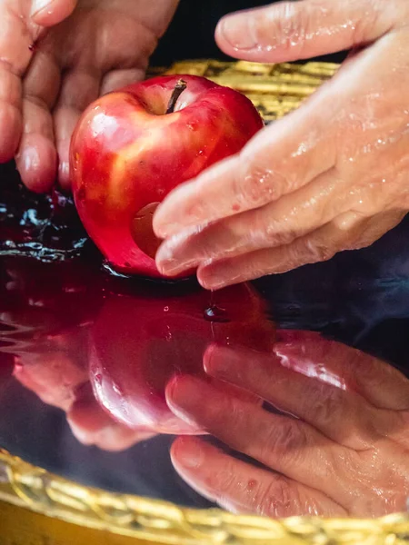 witchy preparing poisoned apple for victim as dark evil spell for halloween
