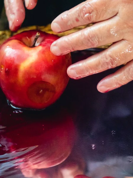 witchy preparing poisoned apple for victim as dark evil spell for halloween