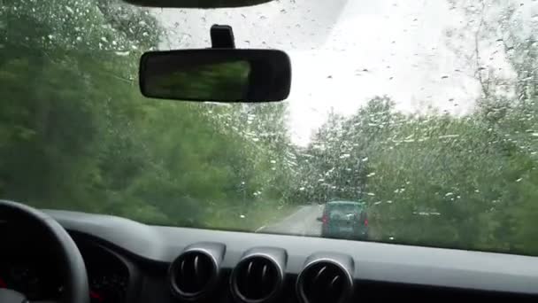 雨の日に女性が車で運転する 内部からの眺め ダッシュボード コピースペース — ストック動画