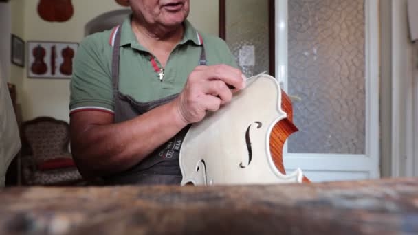 Скрипач Работой Своей Итальянской Мастерской — стоковое видео